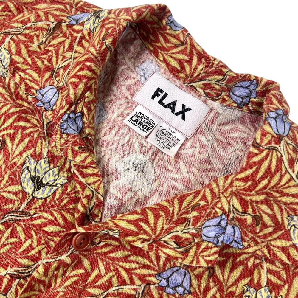 FLAX Linen Shirt Mens L Rust Floral Short Sleeve Button Down Art Lagenlook Boxy